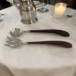 Mid-Century Sterling Silver Salad Servers Wood Handle 13” Plata Mexico‎ DF